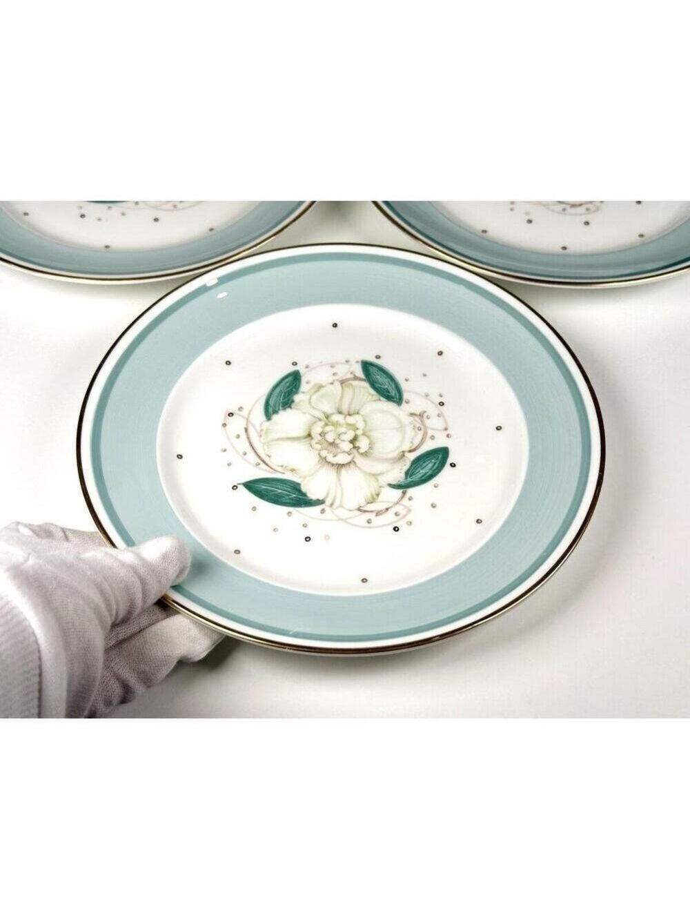 Set of 3 vintage Susie Cooper Gardenia Bone China England Teal Gold 8 in Plates - Picture 4 of 8